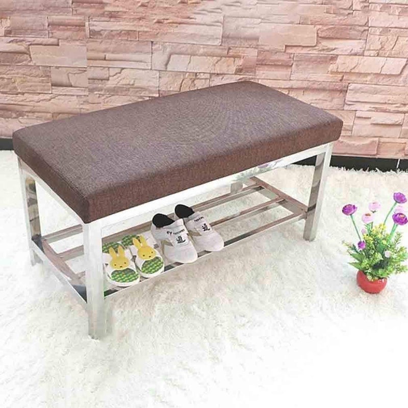 INDIAN DECOR INDIAN DECOR 31375 Shoe Bench Stainless Steel Entryway Shoe Rack Bench Fabric Upholstered Change Shoes Bench Stainless Steelfor Living Room Hallway Bedroom Shoe Store Brown Made in India  - Image 1