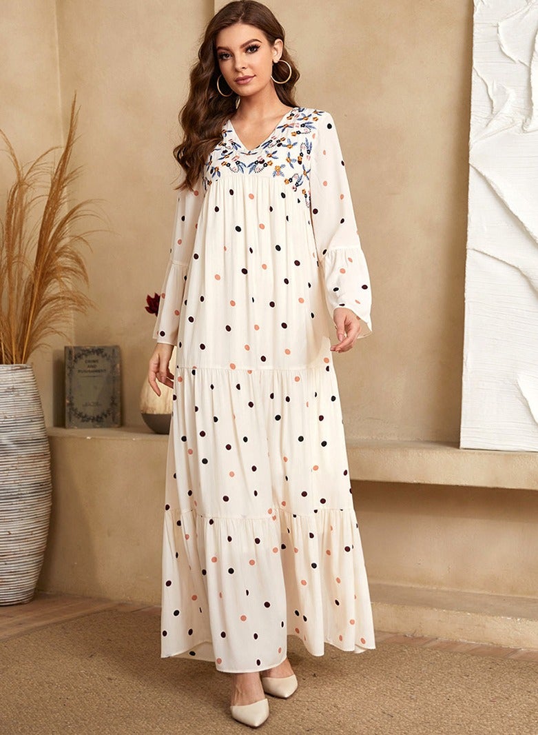 فرايديين نسائي لطيف طوق على شكل V منقط فضفاض قفطان ابيض