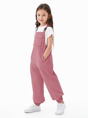 Haloumoning Girls Bib Overalls Summer Outfits Adjustable Strap Long Pants Casual Rompers Jumpsuits with Pockets 5-14 Years, Pink, 10-12 Years - Image 4