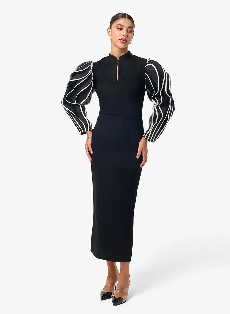Threadz by Ajooni  Contrast Puff Sleeve Midi Dress for Women | Best Price UAE