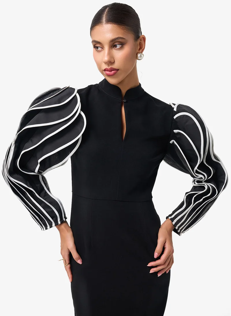 Threadz by Ajooni  Contrast Puff Sleeve Midi Dress for Women | Best Price UAE