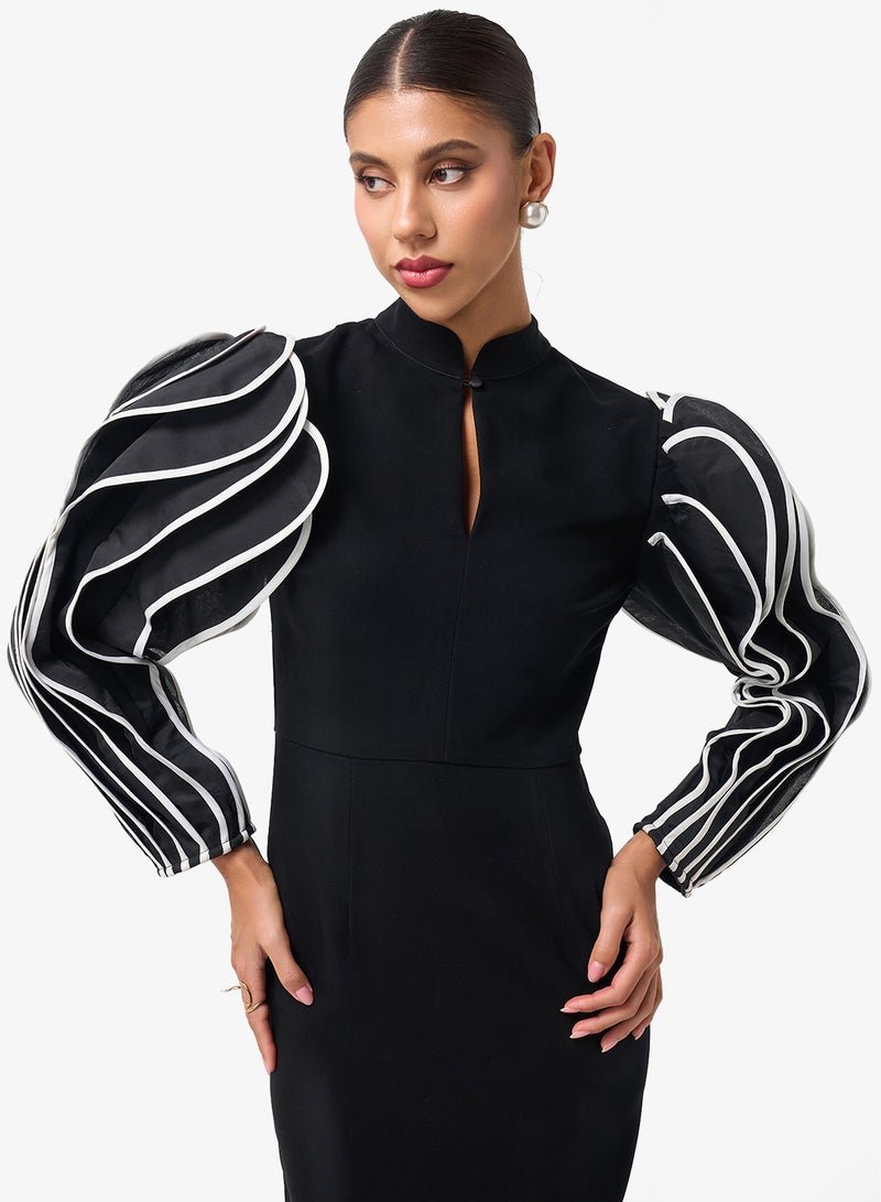 Threadz by Ajooni Contrast Puff Sleeve Midi Dress - Image 3