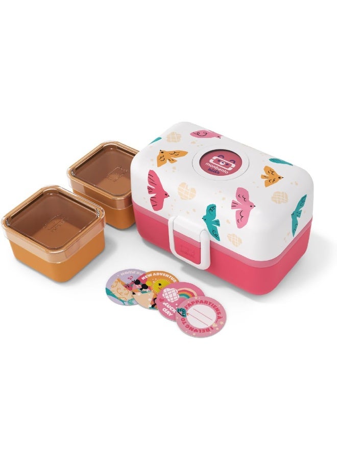 monbento - Children's Lunch Box MB Tresor rose Birds - The 3 Compartment Lunch Box for Children - Ideal for School Lunches and Snacks - BPA Free - Customizable and Safe - Pink Bird Design - Image 1
