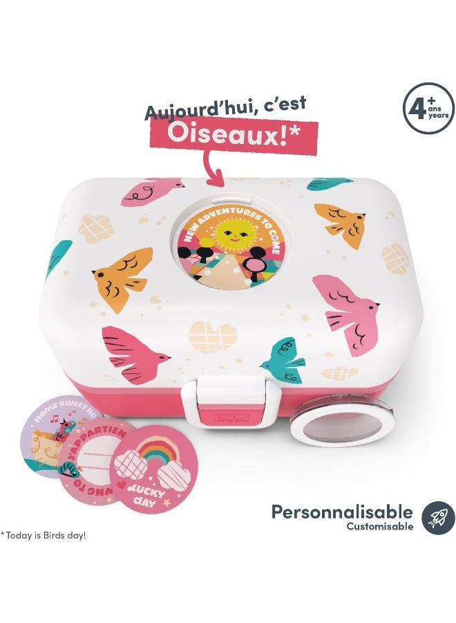 monbento - Children's Lunch Box MB Tresor rose Birds - The 3 Compartment Lunch Box for Children - Ideal for School Lunches and Snacks - BPA Free - Customizable and Safe - Pink Bird Design - Image 2
