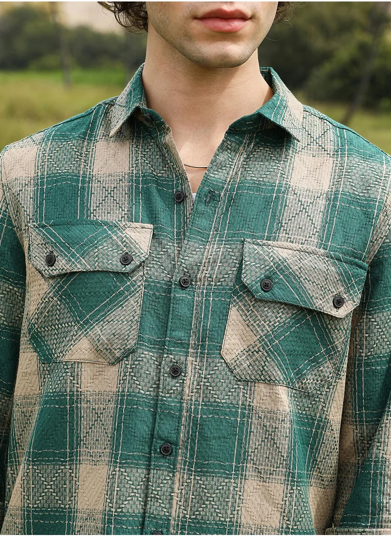 Campus Sutra Men's Emerald Green & Sand Beige Buffalo Check Utility Shirt