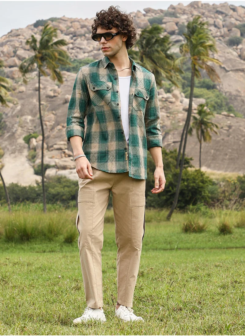 Campus Sutra Men's Emerald Green & Sand Beige Buffalo Check Utility Shirt