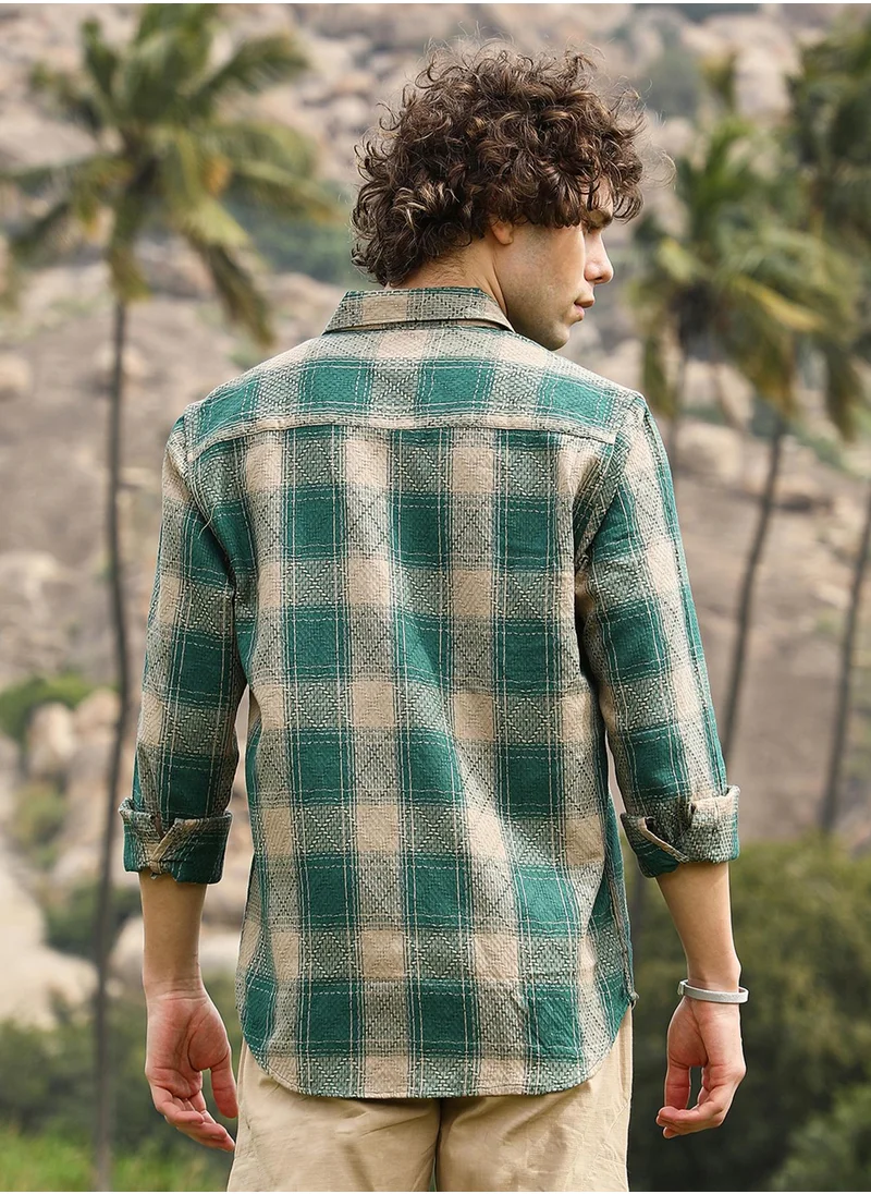 Campus Sutra Men's Emerald Green & Sand Beige Buffalo Check Utility Shirt