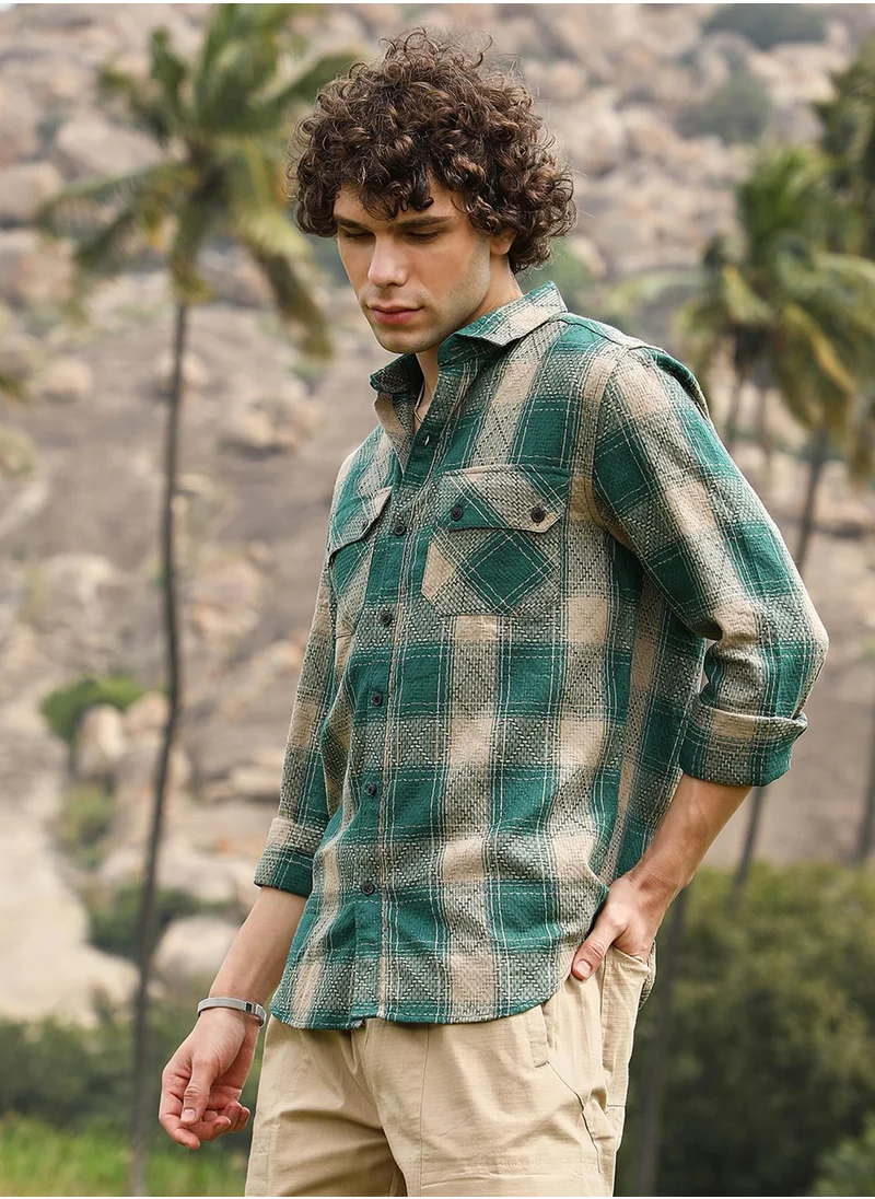Campus Sutra Men's Emerald Green & Sand Beige Buffalo Check Utility Shirt