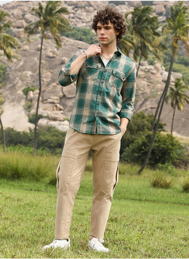Campus Sutra Men's Emerald Green & Sand Beige Buffalo Check Utility Shirt