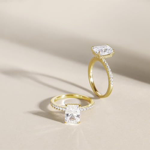 EAMTI 3CT 925 Sterling Silver 14K Gold Plated Engagement Rings Radiant Cut Solitaire Cubic Zirconia CZ Wedding Promise Rings for Her Wedding Band for Women Size 6 - Image 3