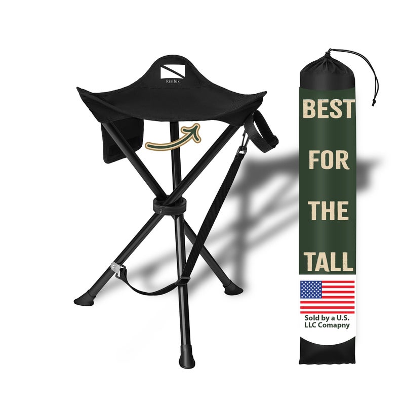 RISIBIX Foldable Tripod Stool - Ultra Portable Seat for Tall People, 20â€ High - Hunting Chair & Hidden Zippered Pocket - 2 lb Camping Stool, 3 Legged Strong Steel Stool Holds up to 200 lb (Black) - Image 1