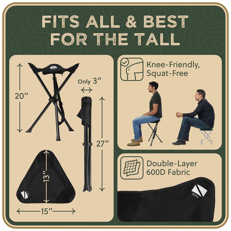 RISIBIX Foldable Tripod Stool - Ultra Portable Seat for Tall People, 20â€ High - Hunting Chair & Hidden Zippered Pocket - 2 lb Camping Stool, 3 Legged Strong Steel Stool Holds up to 200 lb (Black) - Image 3