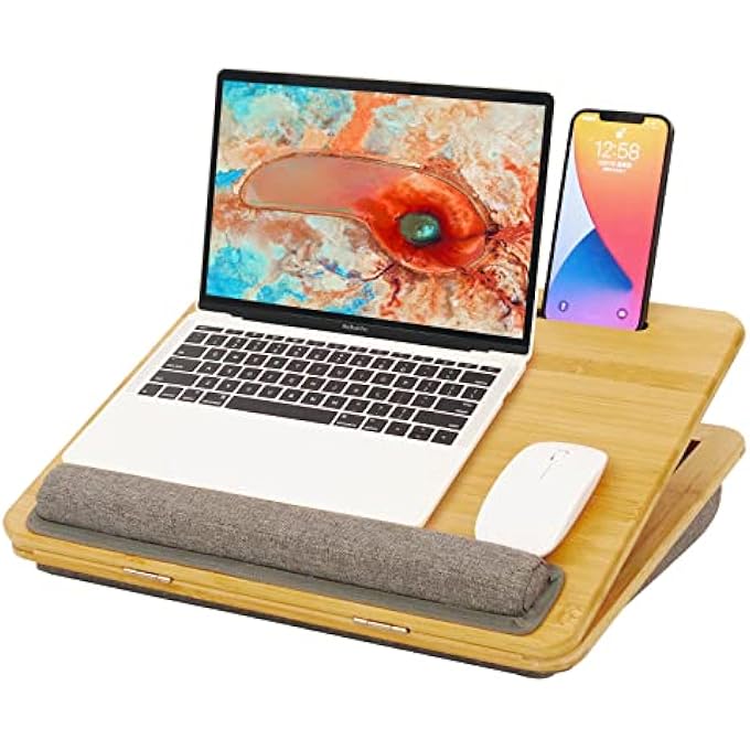 rayihni LAP DESK, LAP DESK WITH CUSHION, LAPDESK FOR LAPTOP ADJUSTABLE TILTING ANGLE, LAPTOP STAND WITH TABLET PHONE SLOT HOLDER PORTABLE TABLE BED TRAY FOR HOME OFFICE COUCH NOTEBOOK BOOK BAMBOO - Image 1