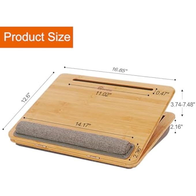 rayihni LAP DESK, LAP DESK WITH CUSHION, LAPDESK FOR LAPTOP ADJUSTABLE TILTING ANGLE, LAPTOP STAND WITH TABLET PHONE SLOT HOLDER PORTABLE TABLE BED TRAY FOR HOME OFFICE COUCH NOTEBOOK BOOK BAMBOO - Image 3
