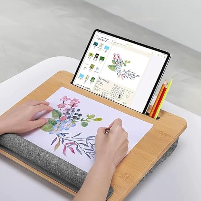 rayihni LAP DESK, LAP DESK WITH CUSHION, LAPDESK FOR LAPTOP ADJUSTABLE TILTING ANGLE, LAPTOP STAND WITH TABLET PHONE SLOT HOLDER PORTABLE TABLE BED TRAY FOR HOME OFFICE COUCH NOTEBOOK BOOK BAMBOO - Image 2
