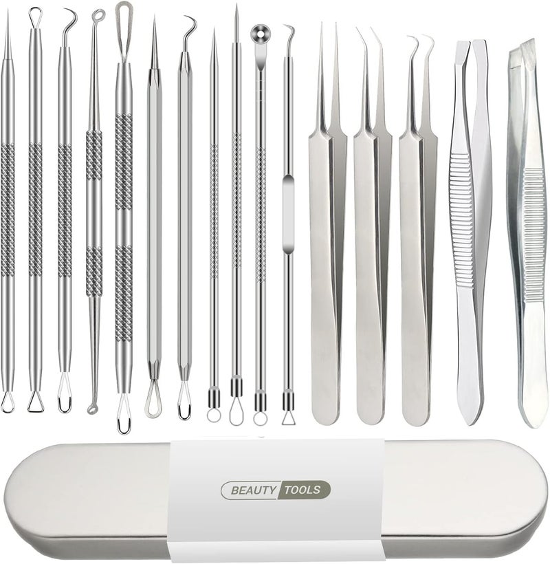 Pimple Popper Tool Kit, Blackhead Remover Tools, 16 PCS Professional Stainless Tweezers Acne Comedone Extractor Pimple Needle Tool for Blemish Whitehead Ingrown Hair Cyst Removal Beauty Tools for Face