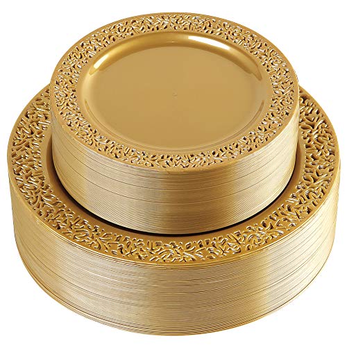 I00000 102 PCS Brown Gold Plastic Plates, Lace Design Disposable Plates, BPA Free Plates Includes: 51 Dinner Plates 10.25 Inch and 51 Salad/Dessert Plates 7.5Inch for Wedding and Party - Image 1