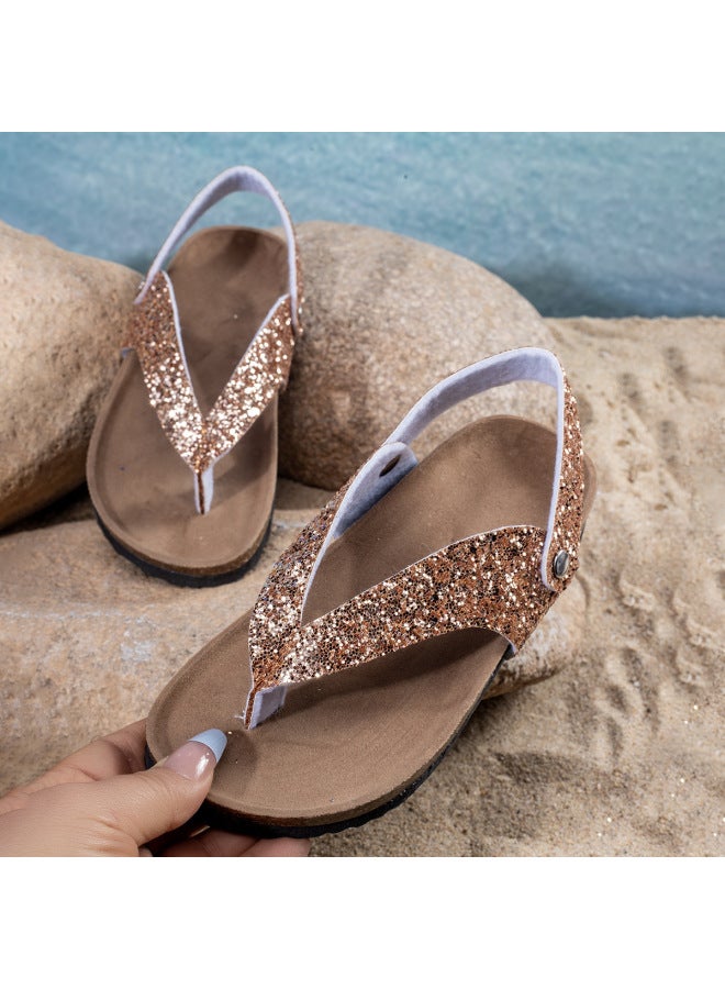 Summer Herringbone Shoes Cork Flat Slippers Flip-flops Cork Beach Slippers Outfit Girls' Two-wear Slippers