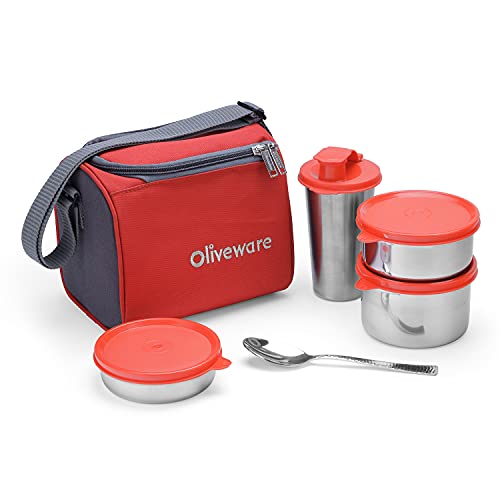 SOPL-OLIVEWARE Milano Lunch Box, Leak Proof, 3 Stainless Steel Containers with BPA Free Lids (300ml, 450ml, 600ml), Steel Spoon & Tumbler (400ml), Fabric Bag - Red - Image 1
