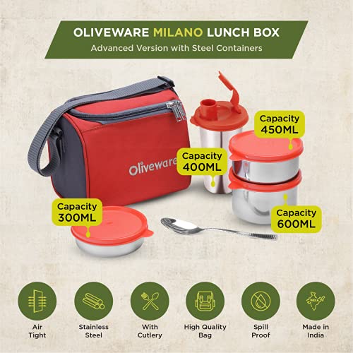 SOPL-OLIVEWARE Milano Lunch Box, Leak Proof, 3 Stainless Steel Containers with BPA Free Lids (300ml, 450ml, 600ml), Steel Spoon & Tumbler (400ml), Fabric Bag - Red - Image 2
