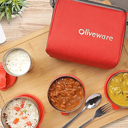 SOPL-OLIVEWARE Milano Lunch Box, Leak Proof, 3 Stainless Steel Containers with BPA Free Lids (300ml, 450ml, 600ml), Steel Spoon & Tumbler (400ml), Fabric Bag - Red - Image 5