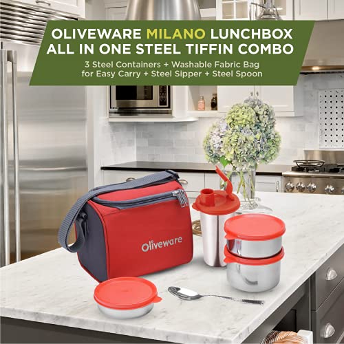 SOPL-OLIVEWARE Milano Lunch Box, Leak Proof, 3 Stainless Steel Containers with BPA Free Lids (300ml, 450ml, 600ml), Steel Spoon & Tumbler (400ml), Fabric Bag - Red - Image 4