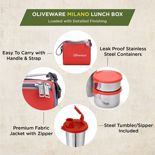 SOPL-OLIVEWARE Milano Lunch Box, Leak Proof, 3 Stainless Steel Containers with BPA Free Lids (300ml, 450ml, 600ml), Steel Spoon & Tumbler (400ml), Fabric Bag - Red - Image 3
