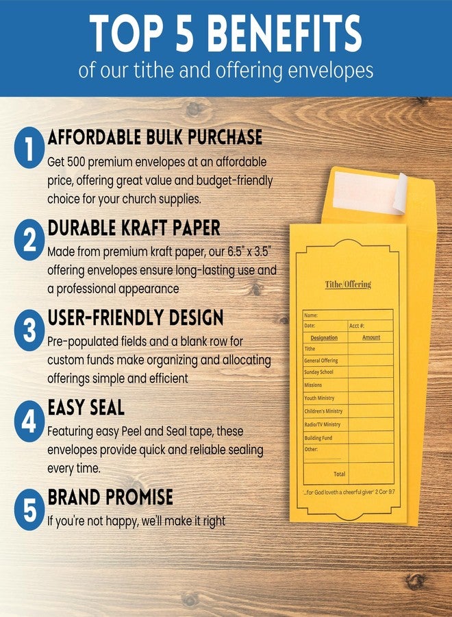 Steadfast Selections Christian Church Tithing Envelopes Self-Seal (500 Pack) - 6.5"x3.5" Offering Envelopes with Pre-Printed Fields for Tithes, Offerings, and Missions (Classic) - Image 2