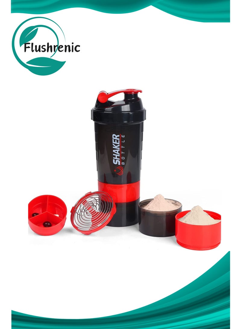 فلوشرينيك 1 كوب هزاز بمسحوق البروتين - زجاجة خلاط مانعة للتسرب ， زجاجة هزاز ， مع حجرات لتخزين المسحوق والحبوب - هزاز صحي خالٍ من مادة BPA مناسب للجيم والأماكن الخارجية (أحمر أسود) 550 مل - Image 1
