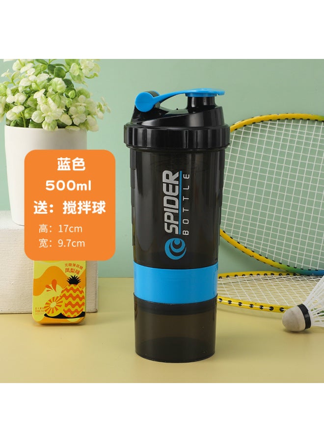 SPIDER BOTTLE Blue 500ml Three-layer Shaker Cup, Large-capacity Fitness Water Cup, Sports Water Bottle, Protein Powder Milkshake Shaker Cup, Plastic Cup - Image 1