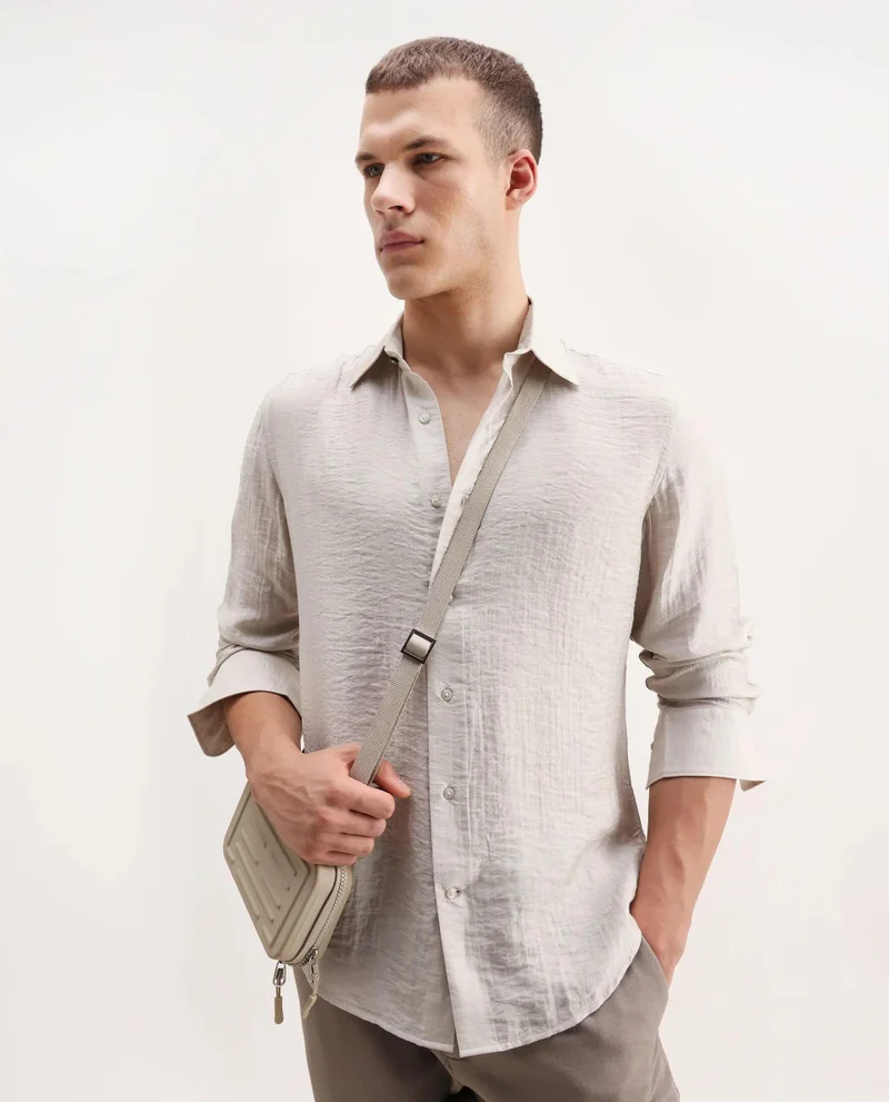 Rare Rabbit Men's Cotton Double Cloth Plain Shirt