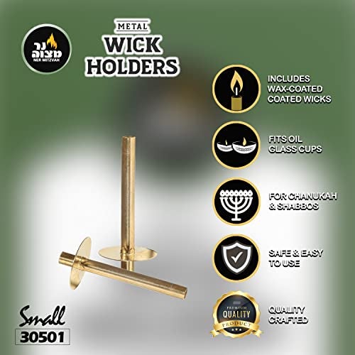 Ner Mitzvah Metal Wick Holder - Set 9 Small Holders and 50 Wax Coated Cotton Wicks Sits in Full Oil Cup for Optimal Safety and Burn Time Tzinores - Image 2