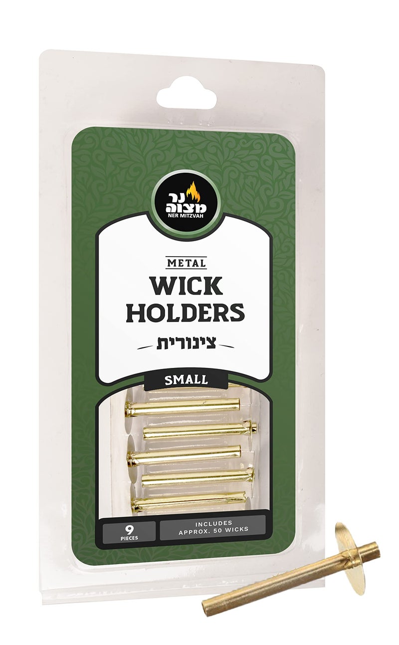 Ner Mitzvah Metal Wick Holder - Set 9 Small Holders and 50 Wax Coated Cotton Wicks Sits in Full Oil Cup for Optimal Safety and Burn Time Tzinores - Image 1