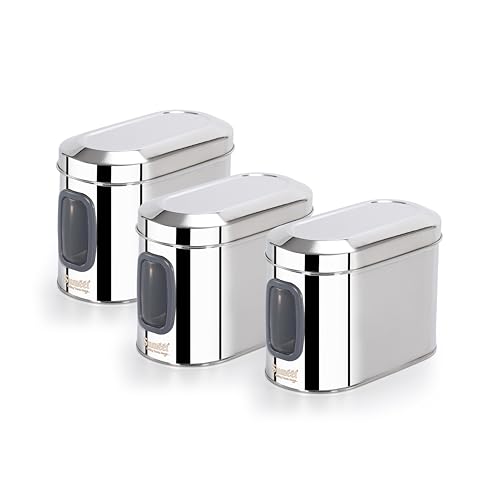 Sumeet ISI Certified Stainless Steel Capsul Canister/Container for Kitchen Storage with See Through Window - Set of 3 Pcs - 1400ml, Silver - Image 1