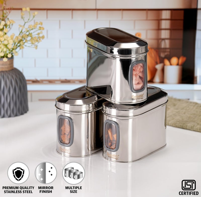 Sumeet ISI Certified Stainless Steel Capsul Canister/Container for Kitchen Storage with See Through Window - Set of 3 Pcs - 1400ml, Silver - Image 2