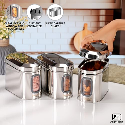 Sumeet ISI Certified Stainless Steel Capsul Canister/Container for Kitchen Storage with See Through Window - Set of 3 Pcs - 1400ml, Silver - Image 3