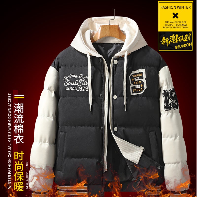 Winter Fake Two-Piece Men'S And Women'S Couple Hong Kong-Style Fashion Hooded Down Cotton-Padded Jacket Fashionable Thickened Youth Men'S Jacket - Image 2