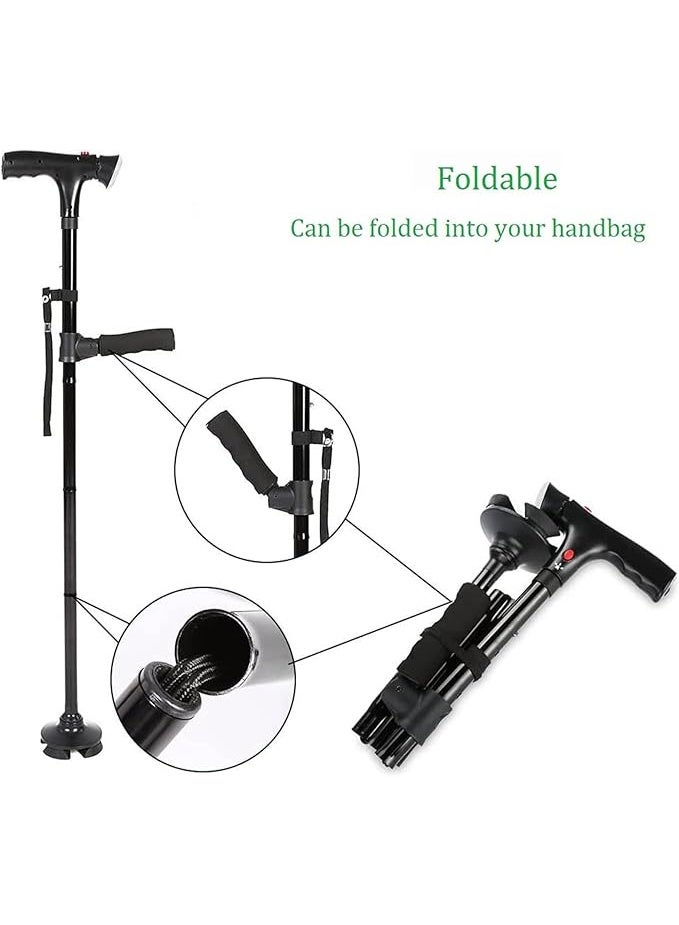 MIRFA Adjustable Folding Cane with LED Light With Cushion 2 T Handle and Pivoting Quad Base for Arthritis Disabled and Elderly - Image 2