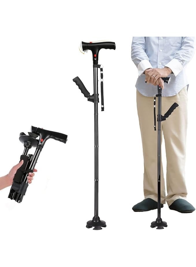 MIRFA Adjustable Folding Cane with LED Light With Cushion 2 T Handle and Pivoting Quad Base for Arthritis Disabled and Elderly - Image 1