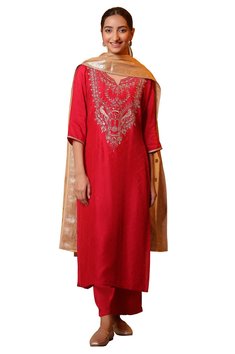 Aurelia Red Zari Embroidered Kurta, Palazzo and Dupatta Set (Size: L)-24AUAS15110-607057 - Image 1