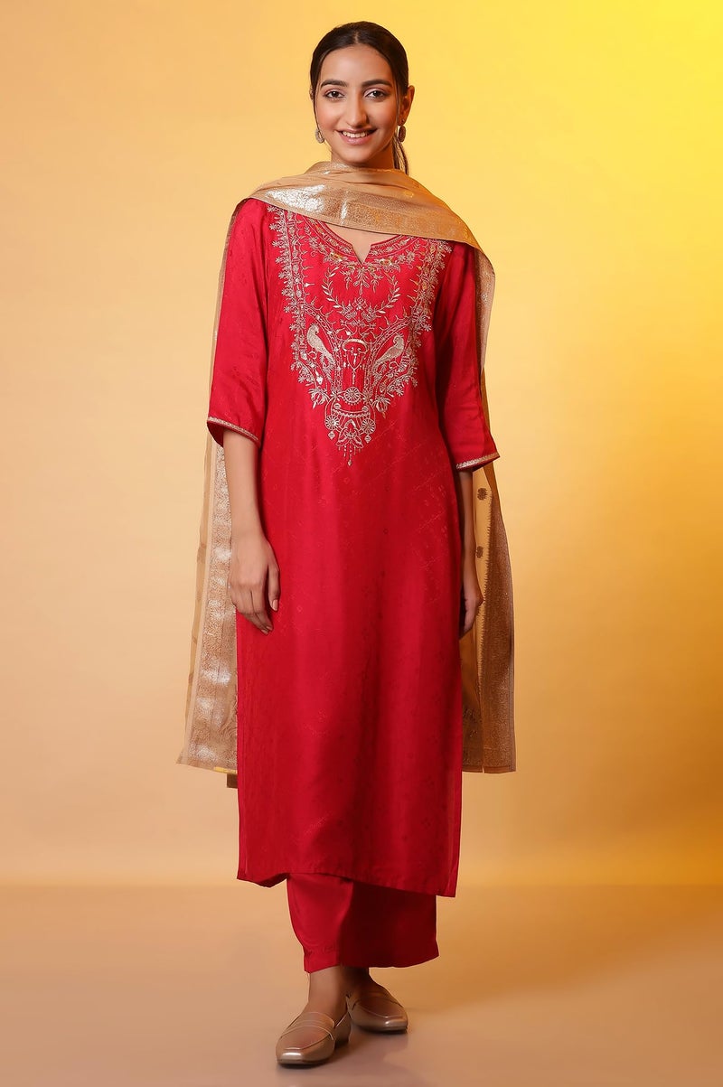 Aurelia Red Zari Embroidered Kurta, Palazzo and Dupatta Set (Size: L)-24AUAS15110-607057 - Image 2