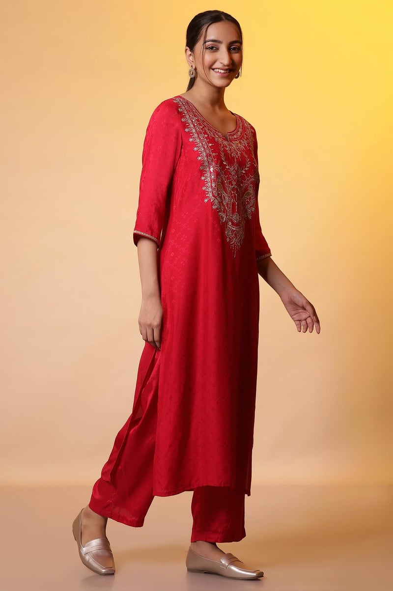 Aurelia Red Zari Embroidered Kurta, Palazzo and Dupatta Set (Size: L)-24AUAS15110-607057 - Image 5