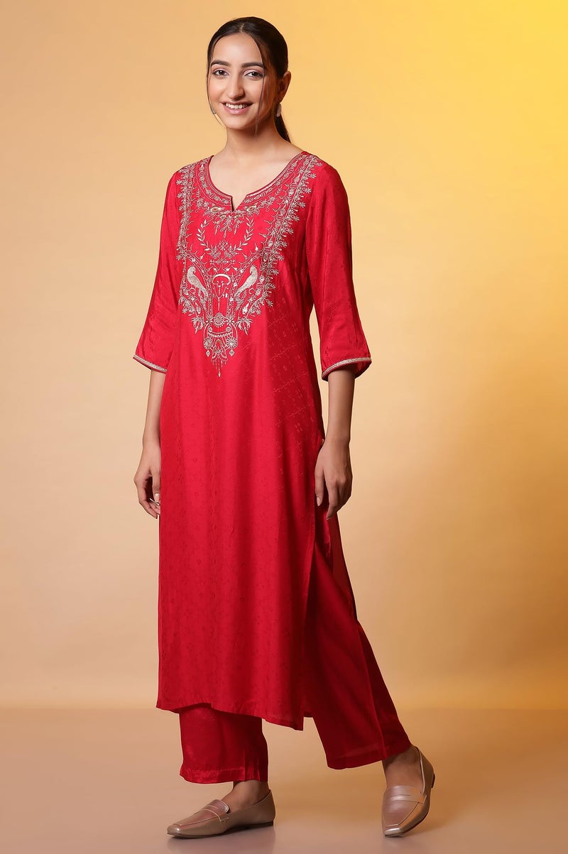 Aurelia Red Zari Embroidered Kurta, Palazzo and Dupatta Set (Size: L)-24AUAS15110-607057 - Image 3