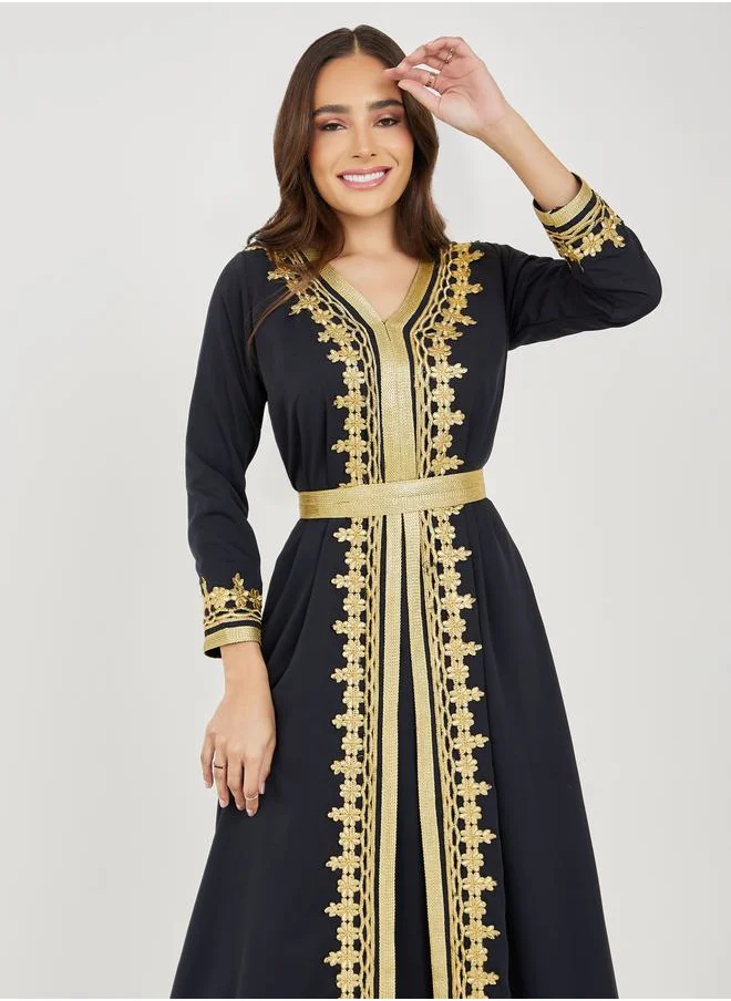 Styli Hand Embroidery Kaftan with Lace Trim