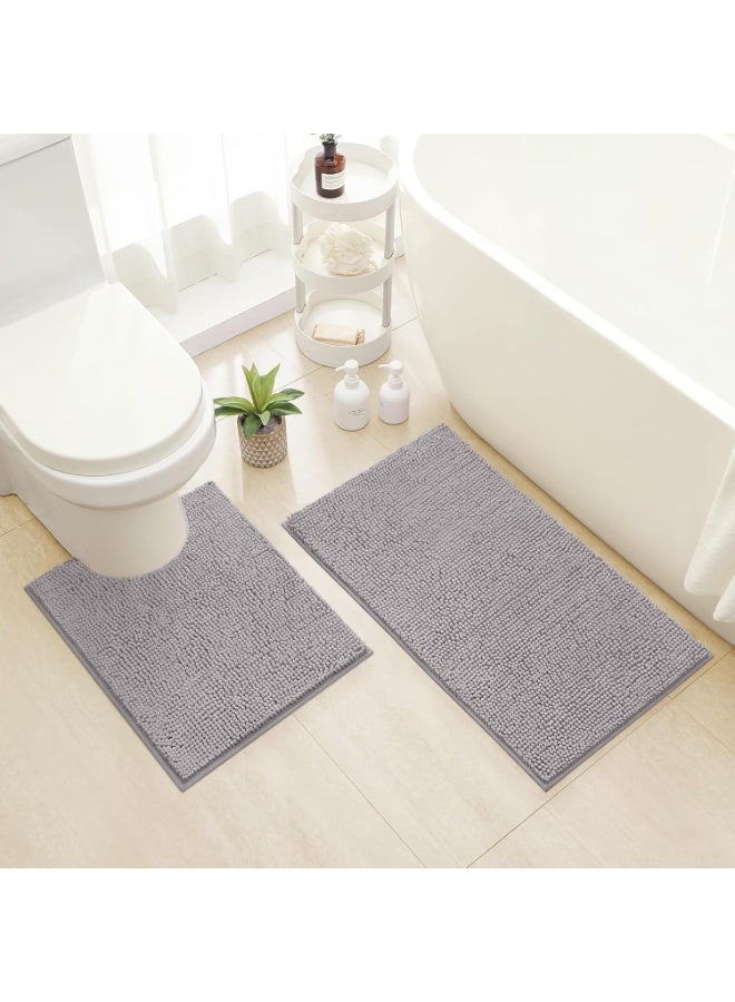 2 Pack Grey Chenille Bathroom Rugs Set, Soft Shaggy Absorbent Bath Mats, Non Slip Washable Luxury Bathroom Floor Mats for Tub, Shower & Toilet - Image 1