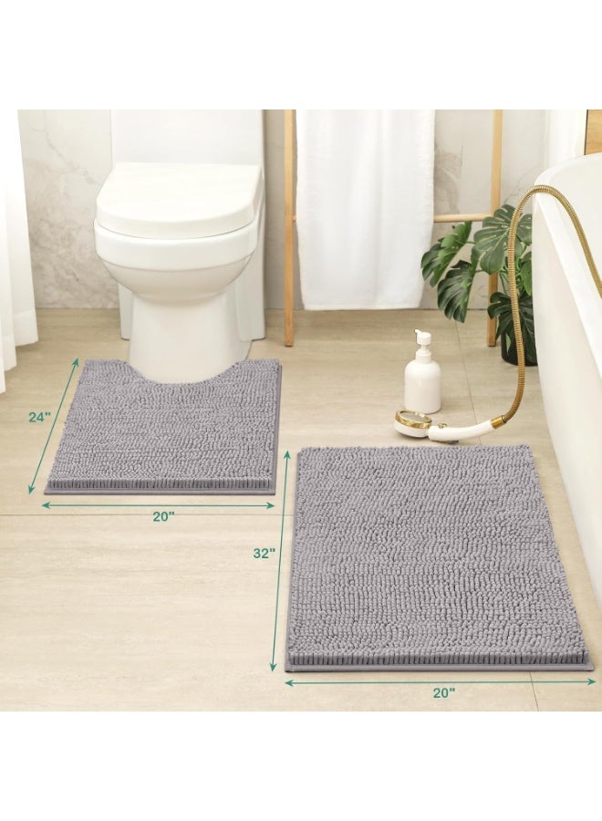 2 Pack Grey Chenille Bathroom Rugs Set, Soft Shaggy Absorbent Bath Mats, Non Slip Washable Luxury Bathroom Floor Mats for Tub, Shower & Toilet - Image 2
