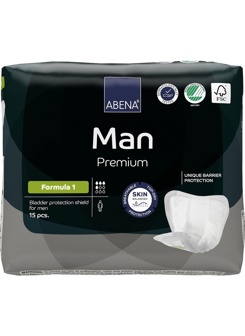 Abena Abena Man Formula 1 Incontinence Pads for Men, 15 Count, Eco-Friendly, Breathable, Comfortable, Absorbs up to 15.2 fl oz 