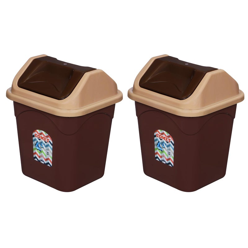 Comet Plastics Table Dustbin With Swing Lid (4L) | Set Of 2 | Desktop Trash Can For Home, Office etc.|Strong and Durable Virgin Plastic Dustbin| 20cm x 18cm x 24cm|Brown - Image 1