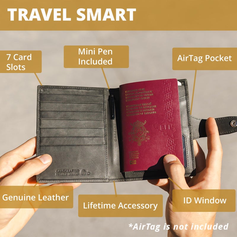 GARZINI حامل جواز سفر GARZINI مع AirTag، محفظة جواز سفر مع RFID، ملحقات السفر، حامل مستندات السفر مع نافذة هوية، حامل جواز سفر جلد لـ 7 بطاقات، لون كوجناك المصقول - Image 2