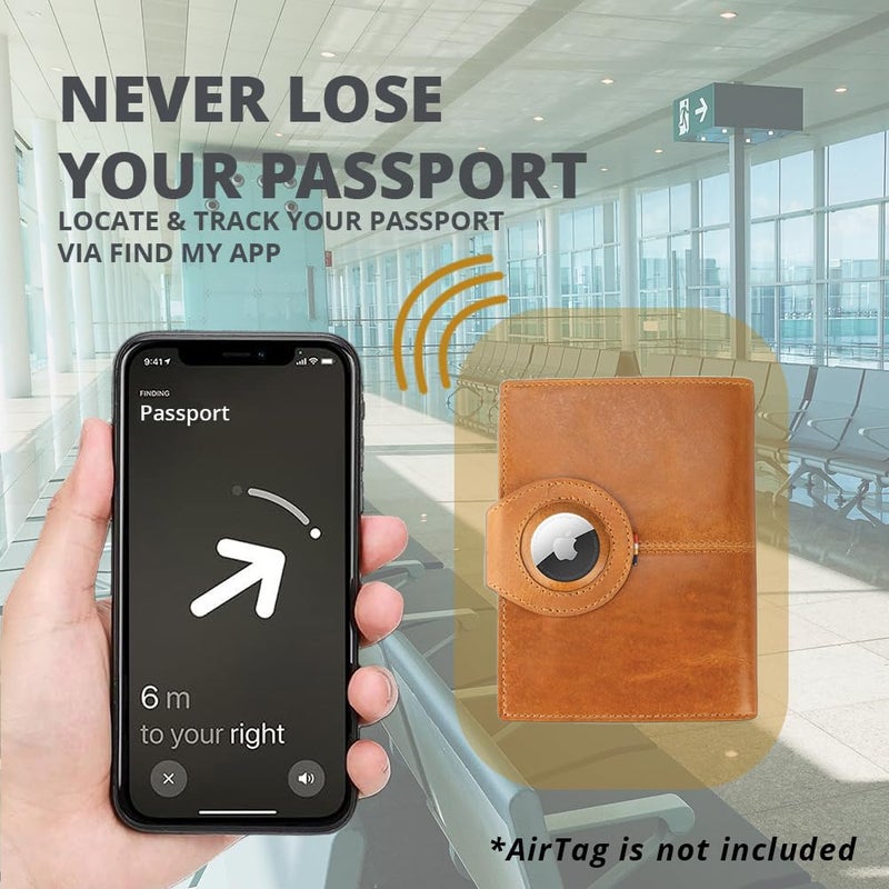 GARZINI حامل جواز سفر GARZINI مع AirTag، محفظة جواز سفر مع RFID، ملحقات السفر، حامل مستندات السفر مع نافذة هوية، حامل جواز سفر جلد لـ 7 بطاقات، لون كوجناك المصقول - Image 3